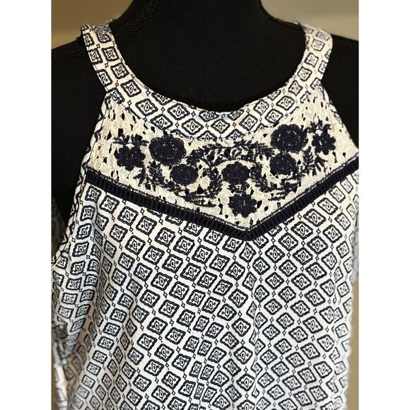 Boho Paisley Embroidered Halter Dress Blue & White sz XL‎ Coastal travel career - Picture 2 of 10